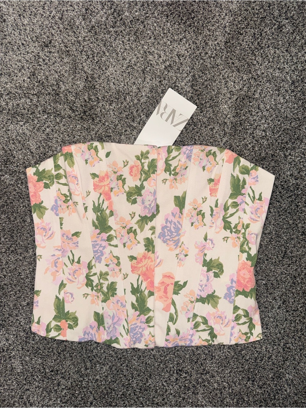 Zara Cream Strapless Floral Bustier Top with Pink & Purple Blooms